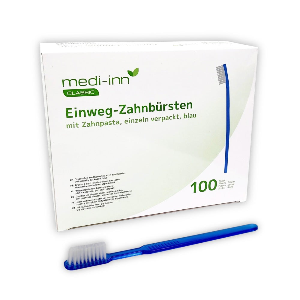 Medi-Inn Einmalzahnbürsten mit Zahnpasta, einzeln hygienisch verpackt, blau