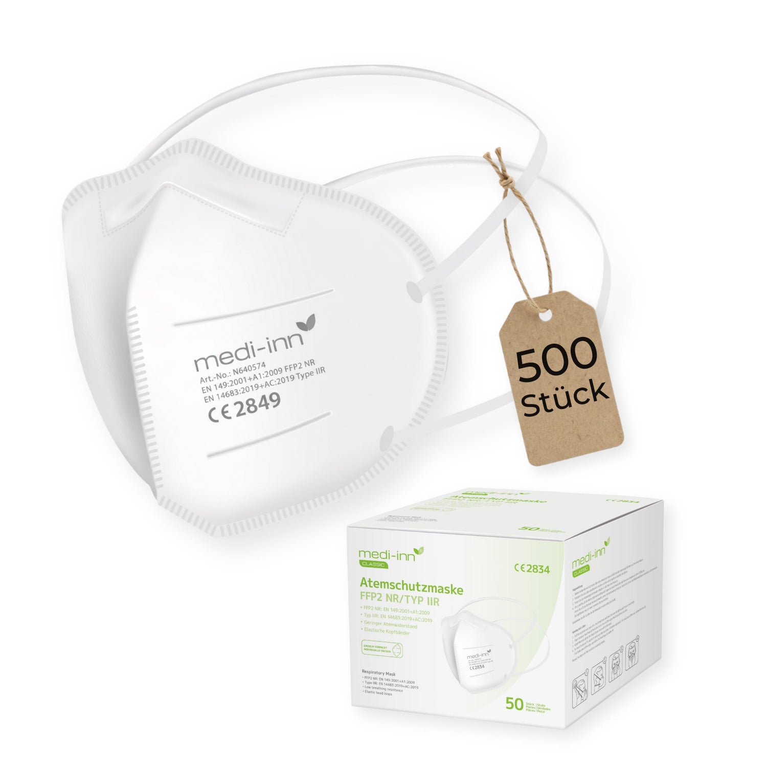 medi-inn Classic FFP2 Atemschutzmaske NR/Typ IIR mit Produktbox und Etikett „500 Stück"