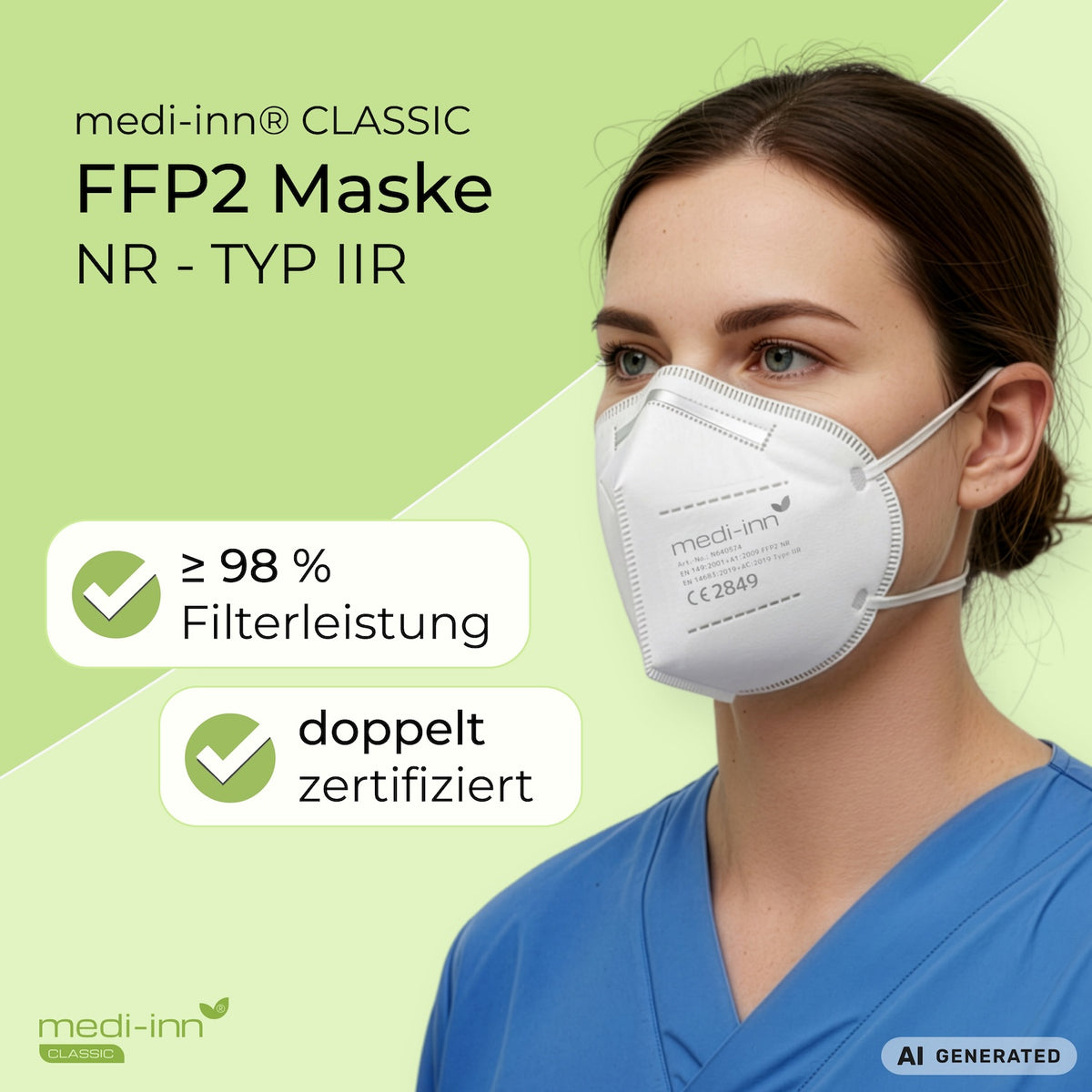 Angezogene Medi-Inn FFP2 Maske mit den Hinweisen: mehr als 98 % Filterleistung, doppelt zertifiziert.