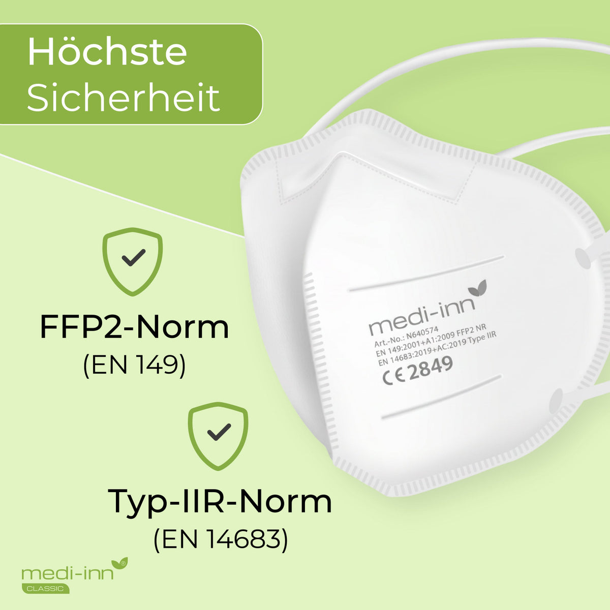 medi-inn Classic FFP2 Maske, zertifiziert nach FFP2-Norm (EN 149) und Typ-IIR-Norm (EN 14683)