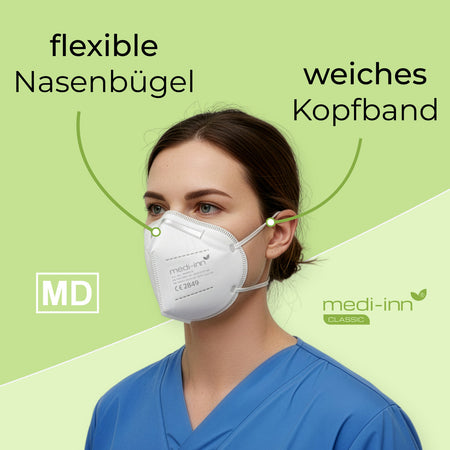 Pflegerin trägt medi-inn Classic FFP2 Maske mit flexiblem Nasenbügel und weichem Kopfband