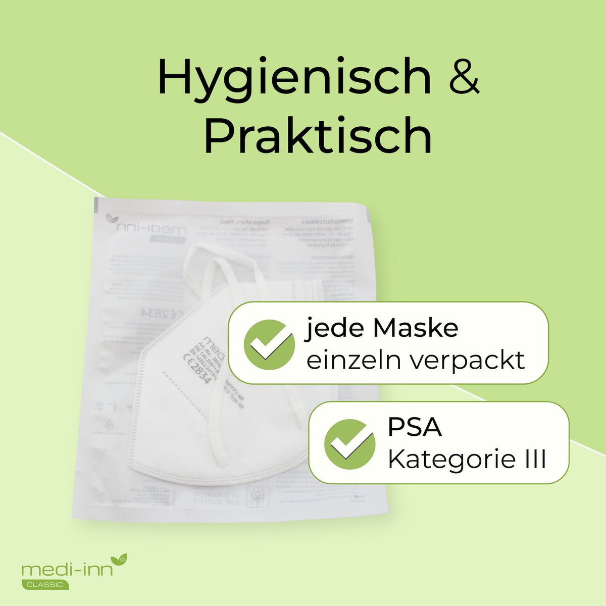 Hygienisch & Praktisch: jede Maske einzeln verpackt, PSA Kategorie III