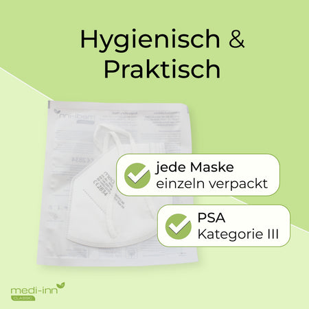 Hygienisch & Praktisch: jede Maske einzeln verpackt, PSA Kategorie III