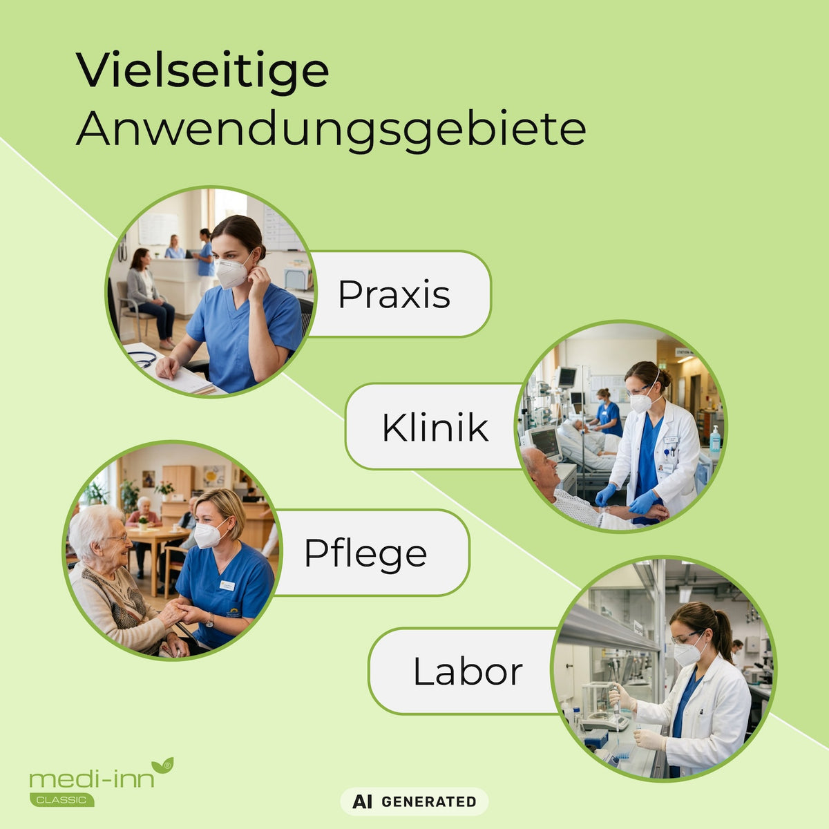 Vielseitige Anwendungsgebiete: Praxis, Klinik, Pflege, Labor.