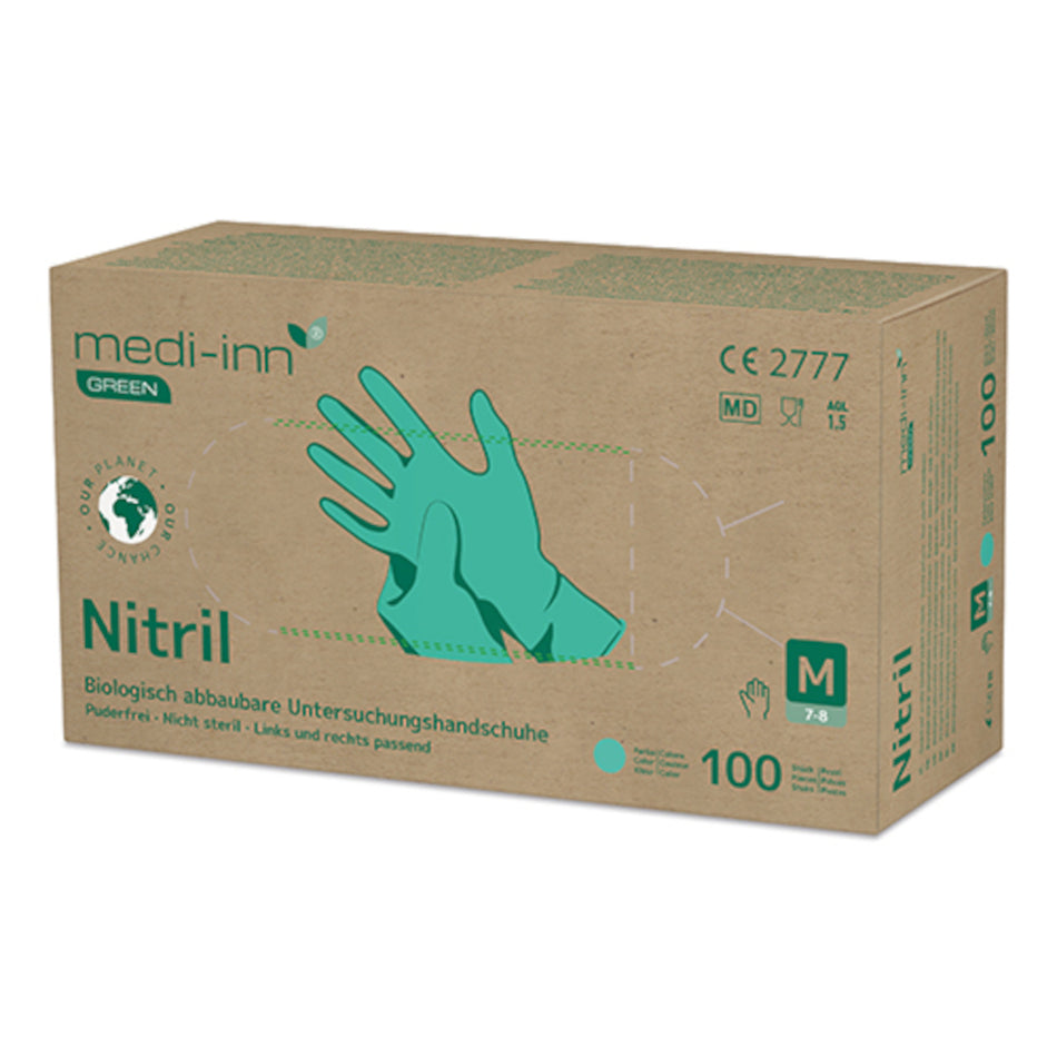 Abbildung eines grünen Nitrilhandschuhs, der biologisch abbaubar ist. Der Handschuh hat eine glatte Oberfläche und ist ohne puder. Im Vordergrund ist der Handschuh detailliert zu sehen, während der Hintergrund neutral gehalten ist, um den Fokus auf das Produkt zu lenken. Die Farbe des Handschuhs ist ein lebhaftes Grün, das umweltfreundliche Eigenschaften symbolisiert. Kein Text oder andere Produkte sind im Bild zu sehen, wodurch der Handschuh klar hervorsticht.