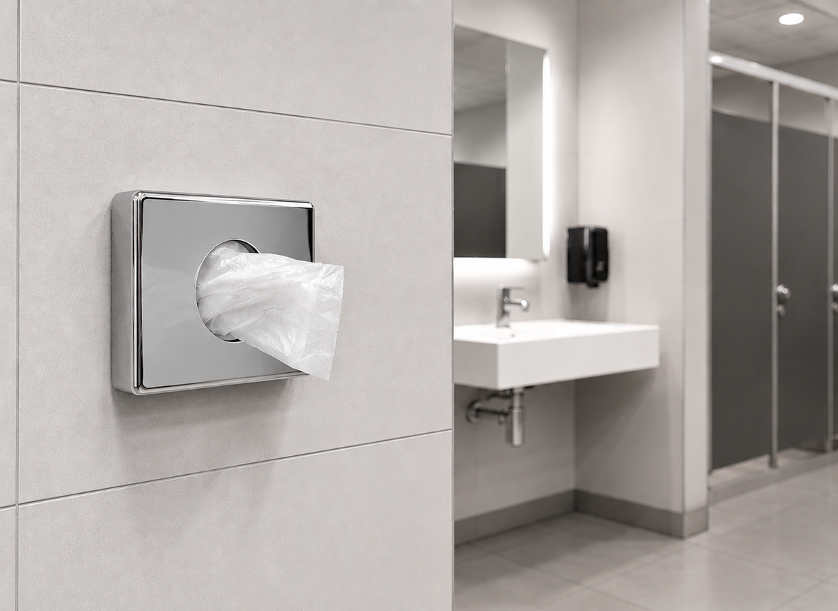 Chromfarbener Hygienebeutelspender mit entnommenem Hygienebeutel an einer Fliesenwand in einer modernen öffentlichen Toilette.
