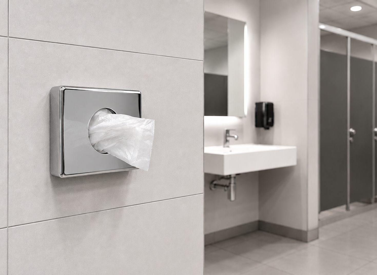 Chromfarbener Hygienebeutelspender mit entnommenem Hygienebeutel an einer Fliesenwand in einer modernen öffentlichen Toilette.