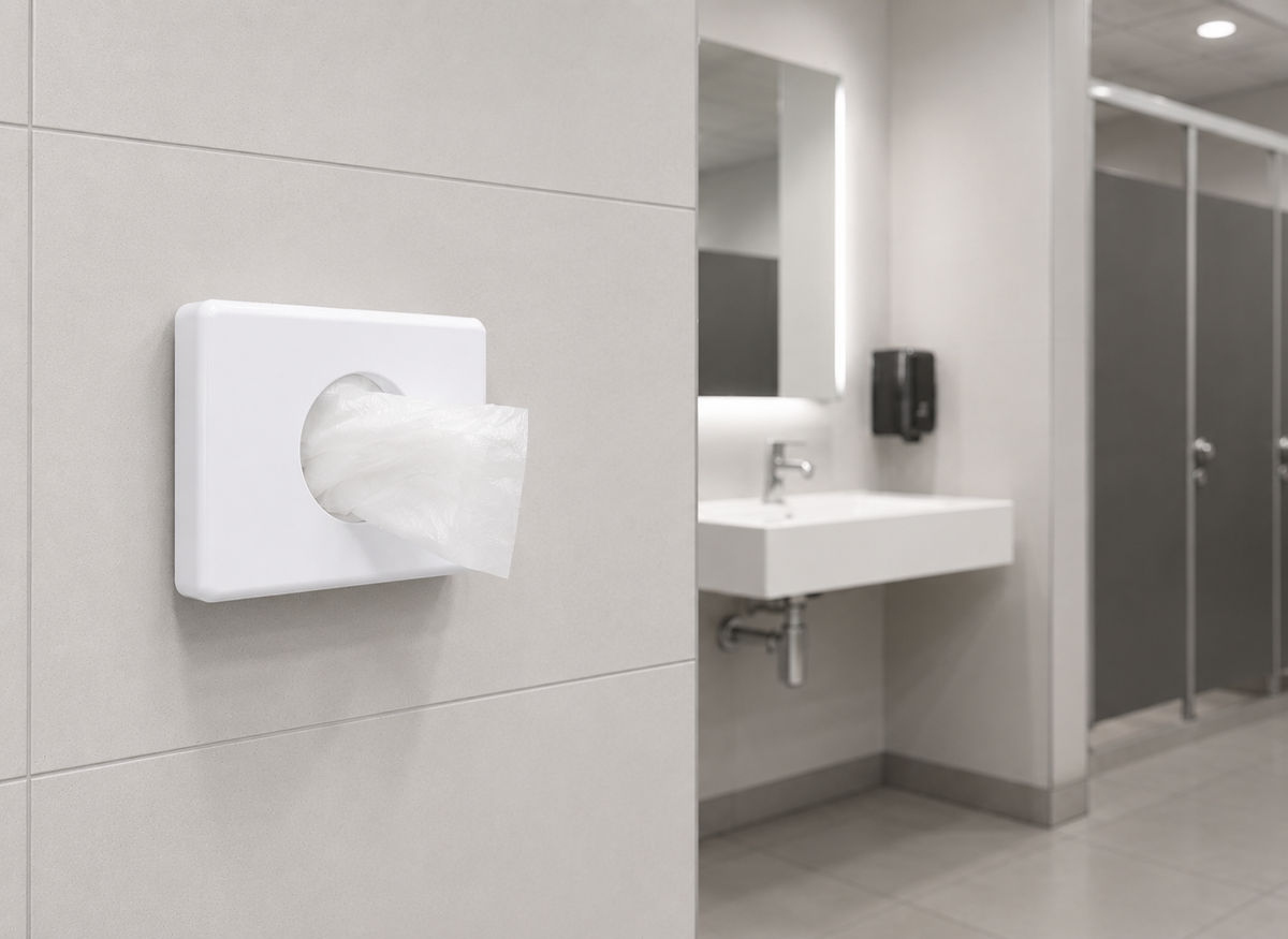 Weißer Hygienebeutelspender mit entnommenem Hygienebeutel an einer Fliesenwand in einer modernen Bürotoilette.