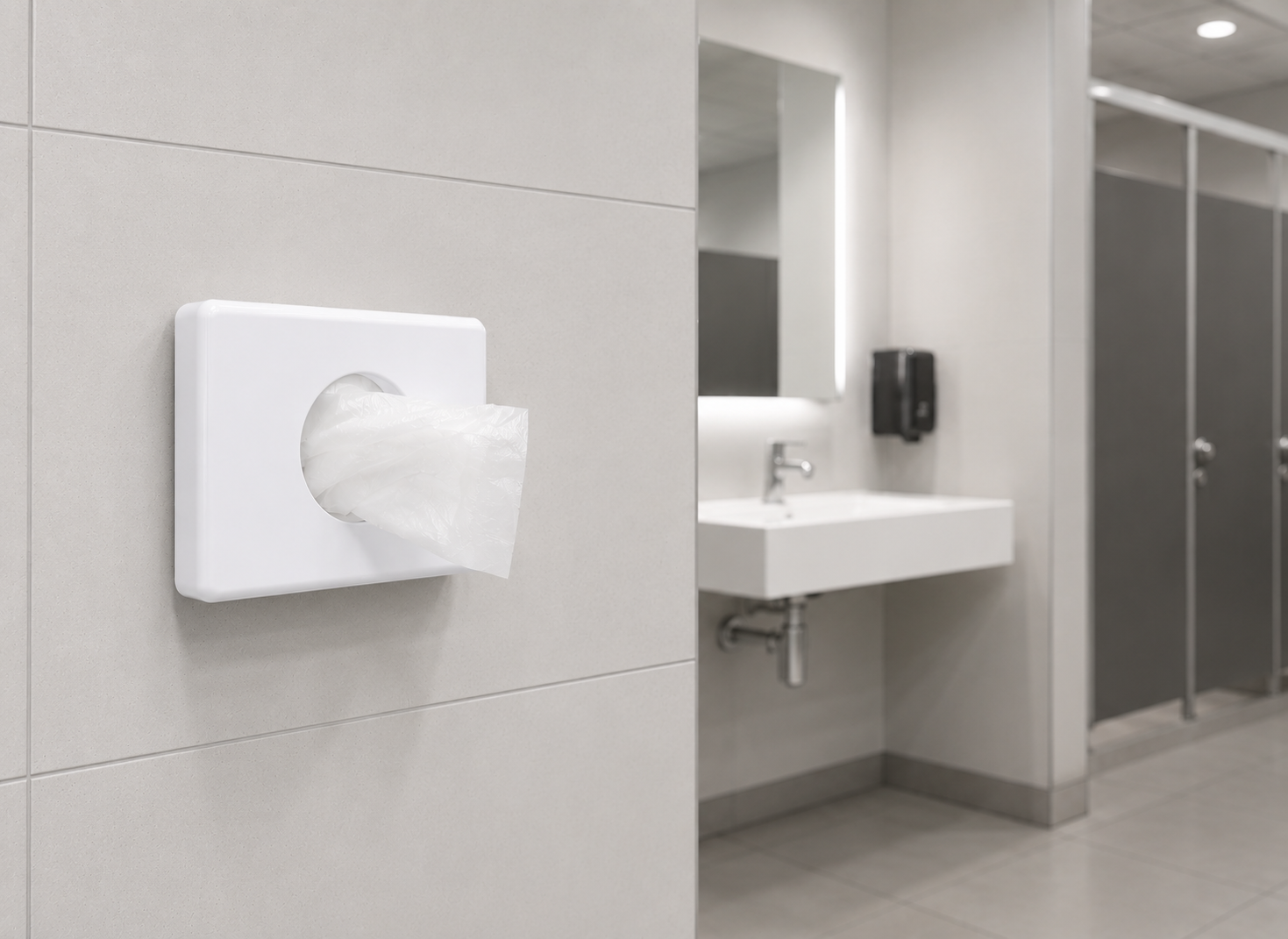Weißer Hygienebeutelspender mit entnommenem Hygienebeutel an einer Fliesenwand in einer modernen Bürotoilette.