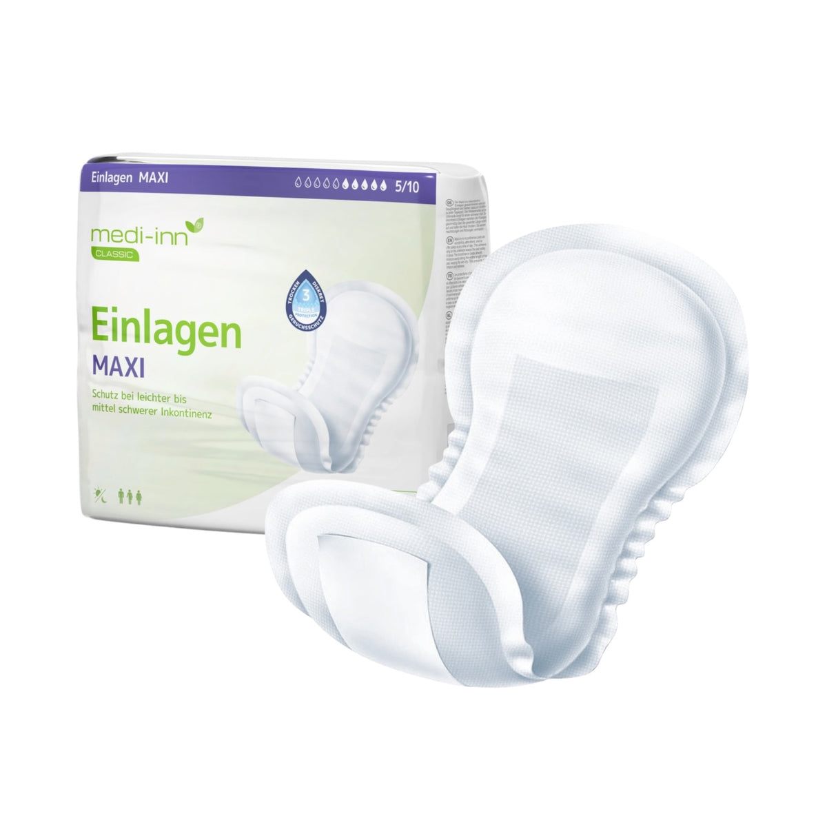 Frontalansicht einer medi-inn CLASSIC Inkontinenz-Einlage MAXI neben einer Verpackung.