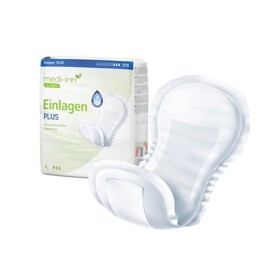 Frontalansicht einer medi-inn CLASSIC Inkontinenz-Einlage PLUS neben einer Verpackung.