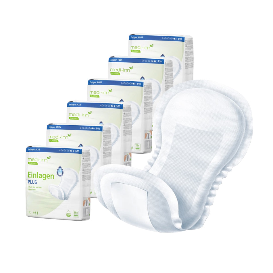 Frontalansicht einer medi-inn CLASSIC Inkontinenz-Einlage PLUS neben sechs Verpackungen.