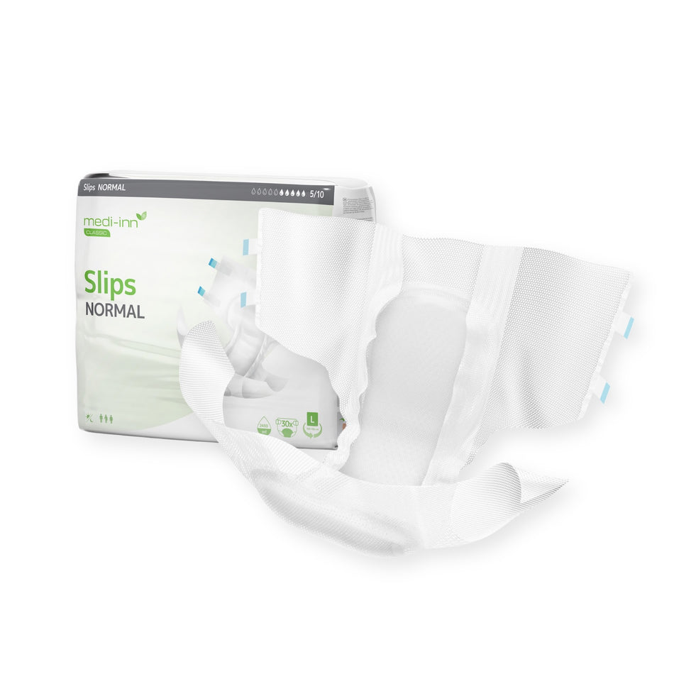 Frontalansicht eines medi-inn CLASSIC Inkontinenz-Slips NORMAL Large neben einer Verpackung.