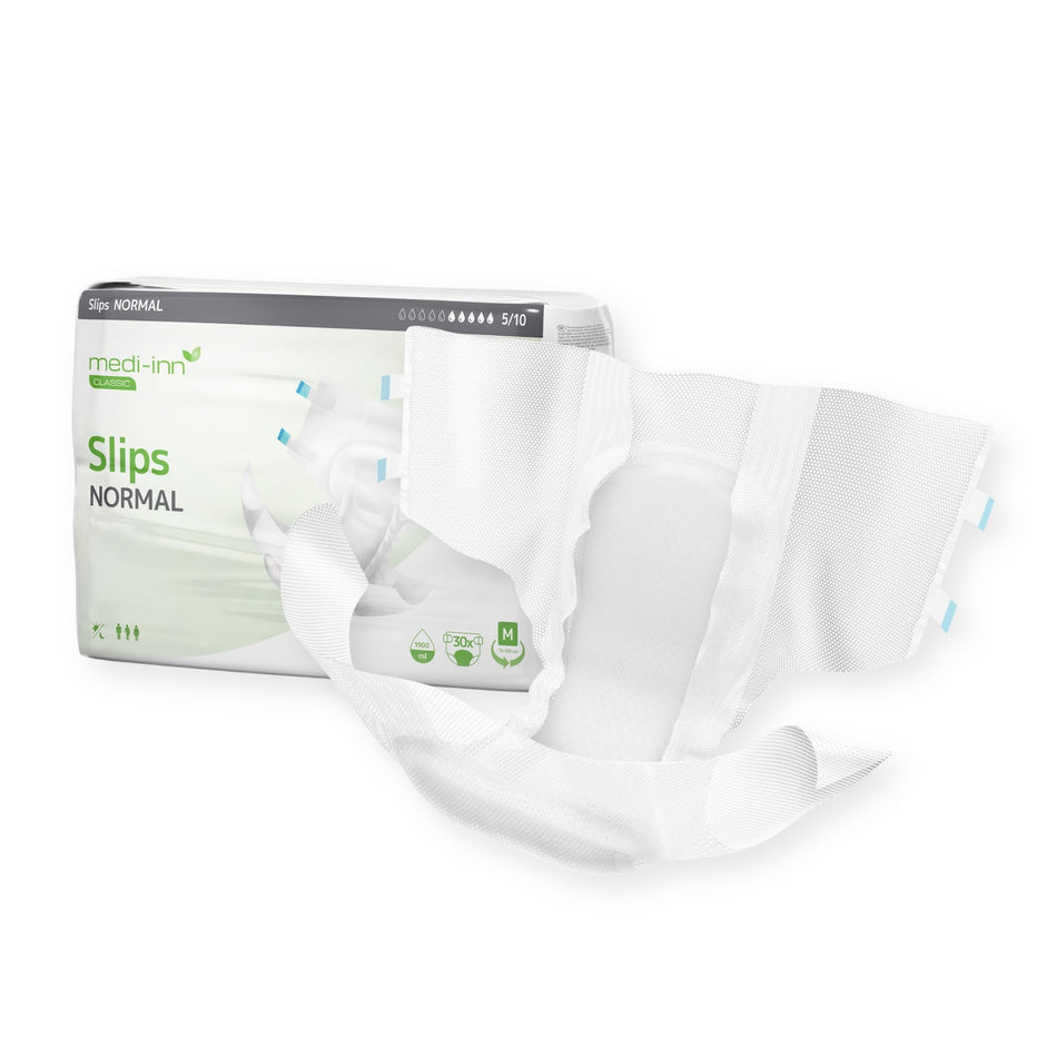 Frontalansicht eines medi-inn CLASSIC Inkontinenz-Slips NORMAL Medium neben einer Verpackung.