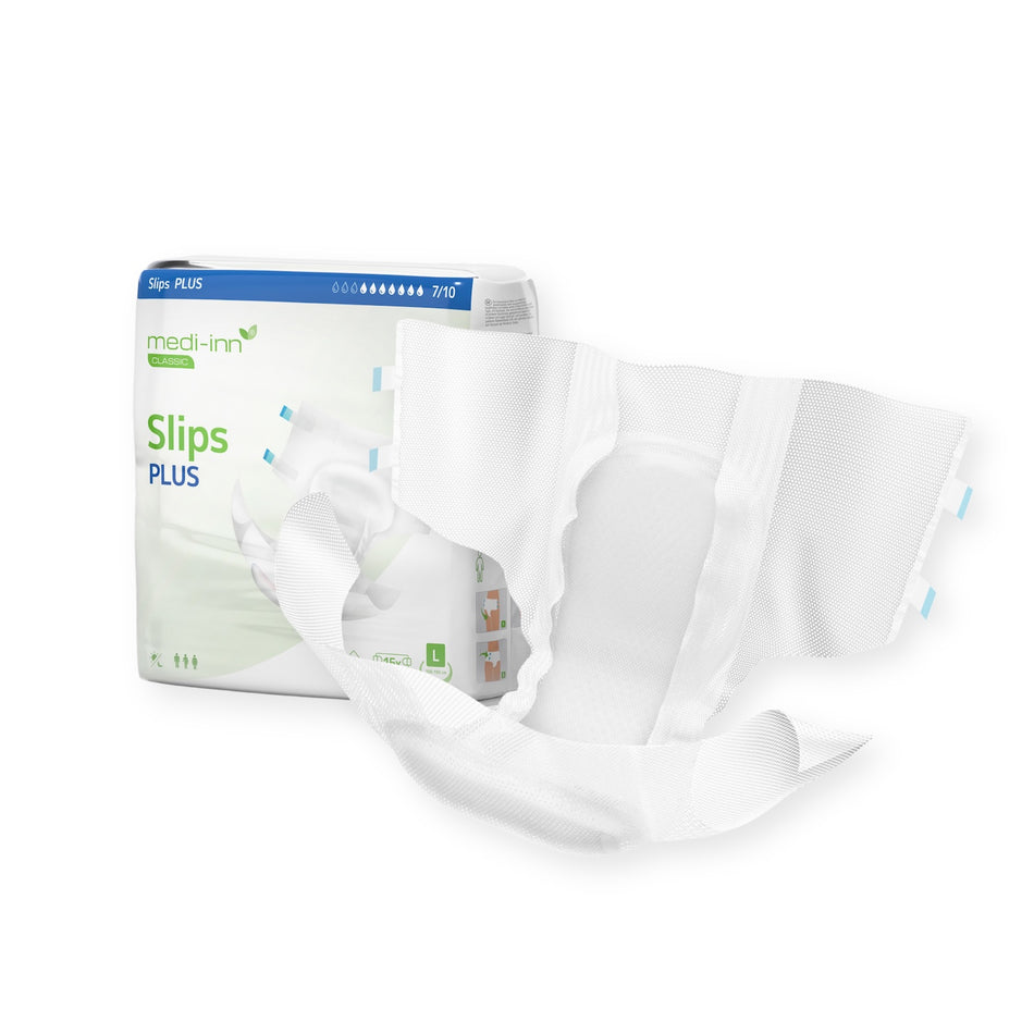 Frontalansicht eines medi-inn CLASSIC Inkontinenz-Slips PLUS Large neben einer Verpackung.
