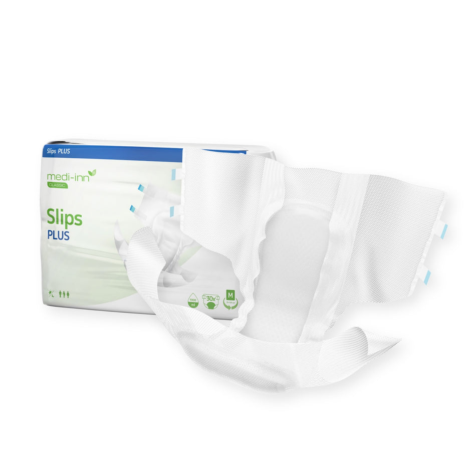 Frontalansicht eines medi-inn CLASSIC Inkontinenz-Slips PLUS Medium neben einer Verpackung.