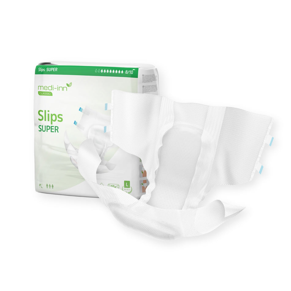 Frontalansicht eines medi-inn CLASSIC Inkontinenz-Slips SUPER Large neben einer Verpackung.