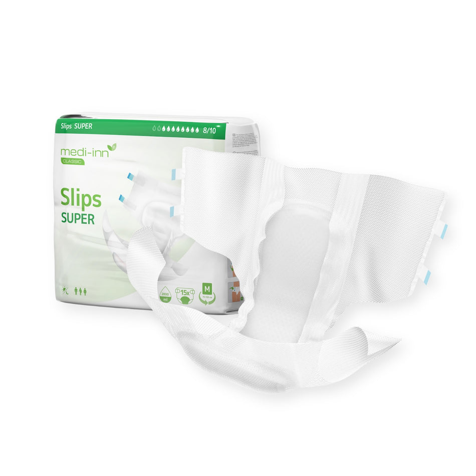 Frontalansicht eines medi-inn CLASSIC Inkontinenz-Slips SUPER Medium neben einer Verpackung.