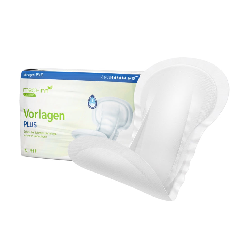 Frontalansicht einer medi-inn CLASSIC Inkontinenz-Vorlage PLUS neben einer Verpackung.