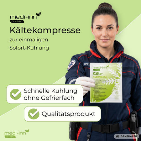 Rettungssanitäterin hält medi-inn Classic Kältekompresse zur einmaligen Sofort-Kühlung ohne Gefrierfach