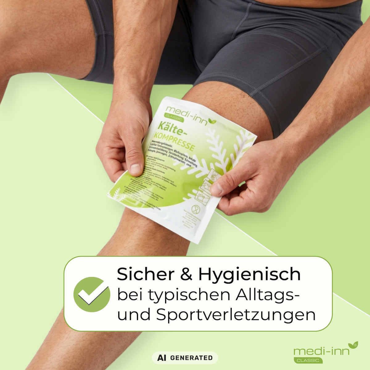Mann legt medi-inn Classic Kältekompresse auf Knie – sicher und hygienisch bei Sport- und Alltagsverletzungen