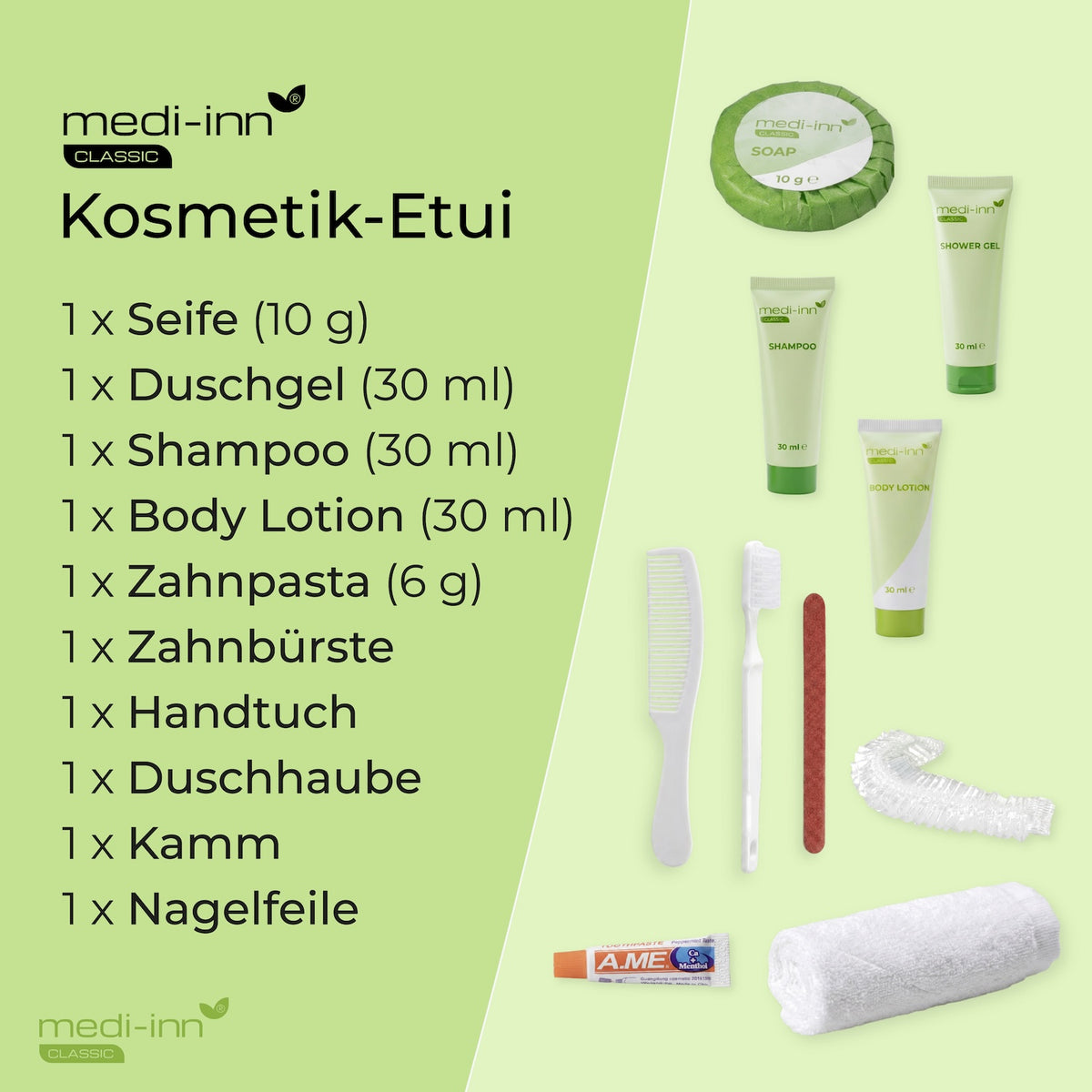 Inhalt des Medi-Inn Kosmetik-Etuis: Seife, Duschgel, Shampoo, Body Lotion, Zahnpasta, Zahnbürste, Handtuch, Duschhaube, Kamm, Nagelfeile.