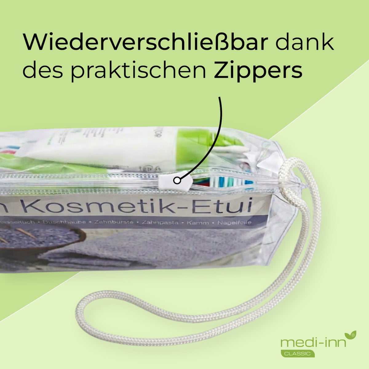 Hinweis: Wiederverschließbar dank des praktischen Zippers.