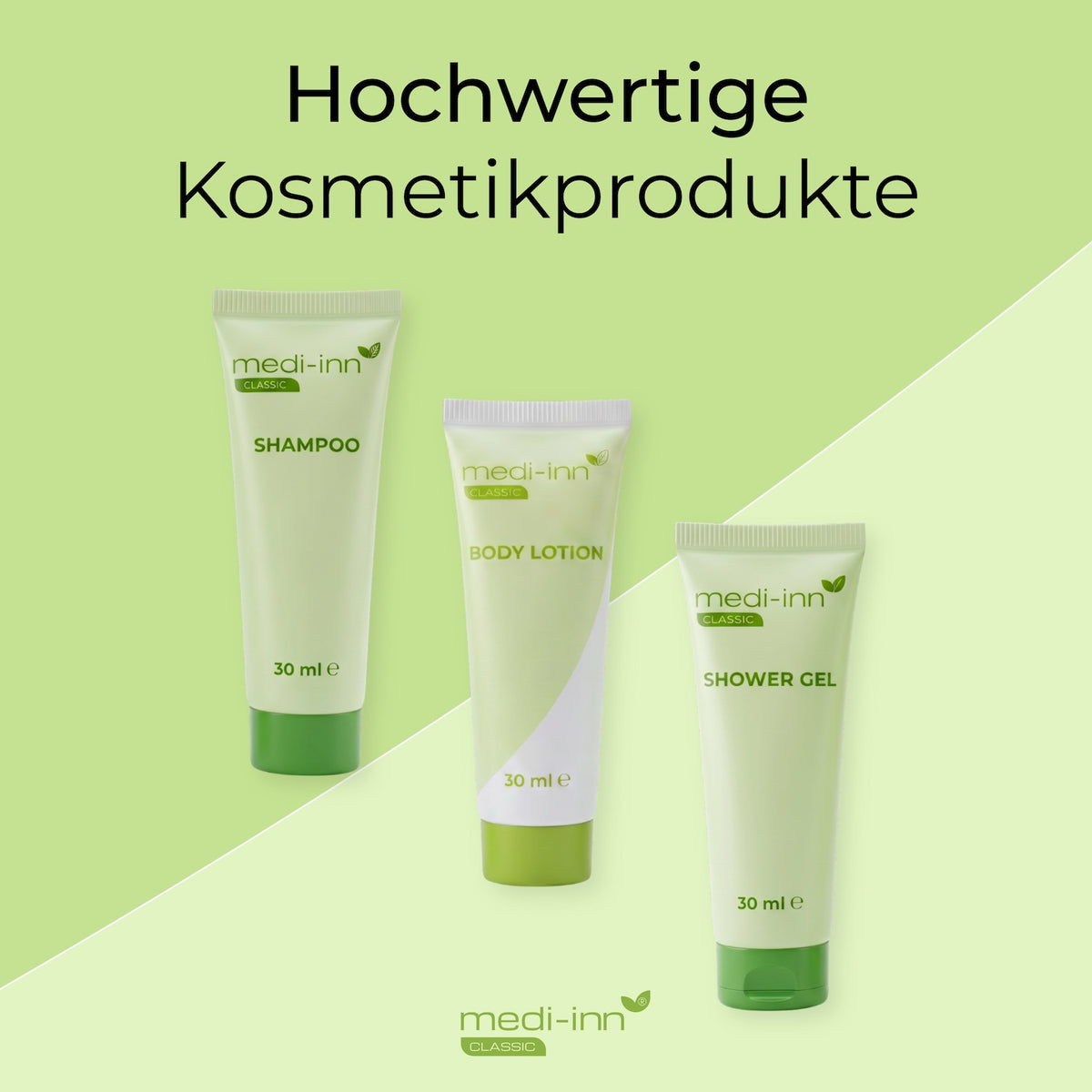 Hochwertige Kosmetikprodukte: Shampoo, Body Lotion, Shower Gel.