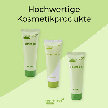 Hochwertige Kosmetikprodukte: Shampoo, Body Lotion, Shower Gel.