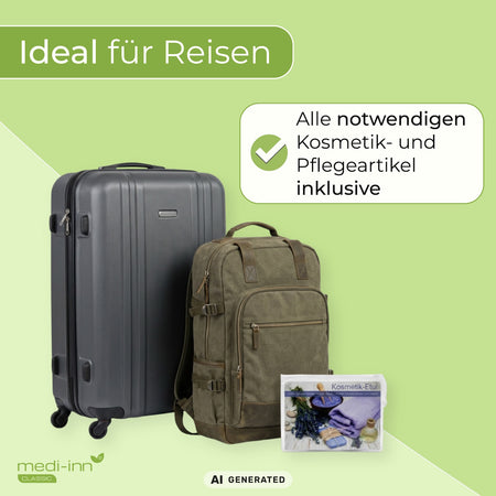 Ideal für Reisen: Alle notwendigen Kosmetik und Pflegeartikel inklusive.