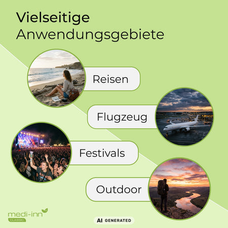 Vielseitige Anwendungsgebiete: Reisen, Flugzeug, Festivals, Outdoor.