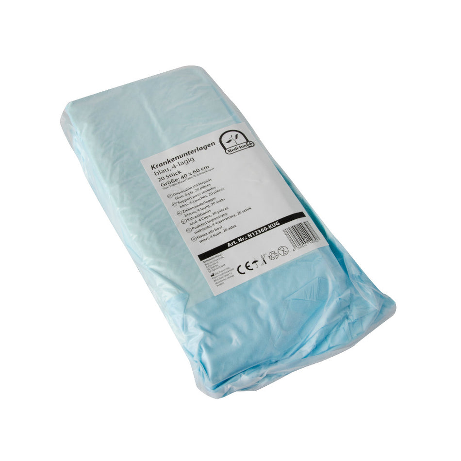 Bild eines Produkts: Medi Inn Krankenunterlagen in der Größe 40 x 60 cm, vierlagig. Die Unterlagen sind in einem sauberen, weißen Material dargestellt, das speziell für den medizinischen Gebrauch konzipiert ist. Die obere Sichtfläche zeigt die glatte, saugfähige Struktur der Unterlage. An den Rändern sind die Unterlagen ordentlich gefaltet. Der Hintergrund ist neutral, um den Fokus auf die Unterlage zu legen. Ideal zum Schutz von Matratzen und medizinischen Möbeln in Krankenhäusern und Pflegeeinrichtungen.