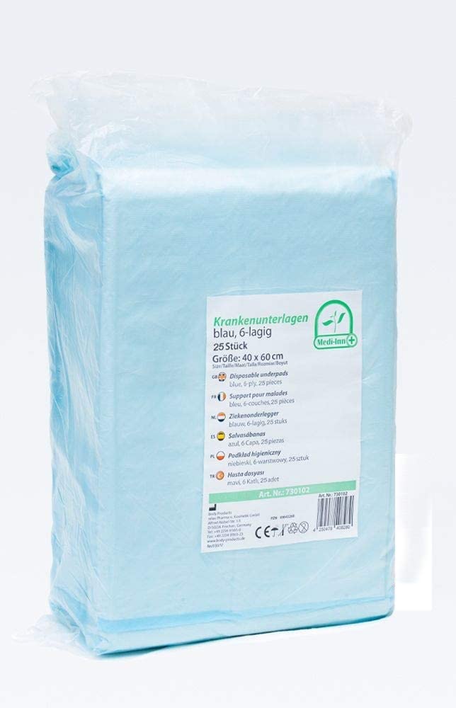 Bild eines Pakets mit medizinischen Unterlagen in der Größe 40 x 60 cm. Die Unterlagen sind 6-lagig und bieten hohe Saugfähigkeit und Hygiene. Das Produkt wird in einem ansprechenden, gut sichtbaren Design präsentiert, wobei die Vorderseite das Logo "medi-inn" zeigt. Der Hintergrund ist neutral, wodurch die Unterlagen in den Fokus rücken. Das Bild vermittelt Professionalität und sorgt für Vertrauen in die Qualität des Produkts.