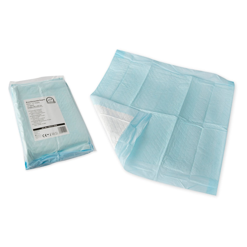 medi-inn Krankenunterlage 60×60 cm, 12-lagig – Packung und aufgefaltete, saugstarke Einmalauflage