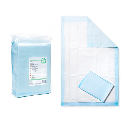 Medi-Inn Krankenunterlagen 60x90 cm – 10 Stück, 10-lagig, in Verpackung und entfaltet gezeigt