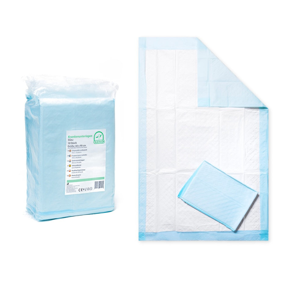 Medi-Inn Krankenunterlagen 60x90 cm – 10 Stück, 10-lagig, in Verpackung und entfaltet gezeigt