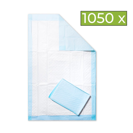 Krankenunterlagen 60×90 cm, 10-lagig, von Medi-Inn mit 1050 Stück, saugstarke Einmal-Bettunterlagen in Blau und Weiß.