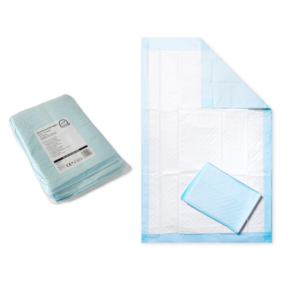 Medi-Inn Krankenunterlagen 60x90 cm 4-lagig – hygienische Einmalunterlage mit blauer Schutzfolie und Saugkern.