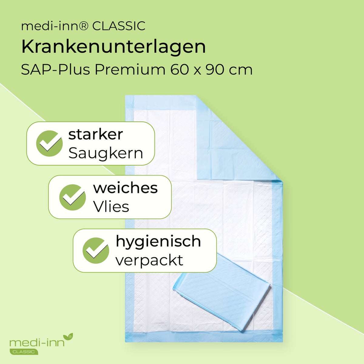Produkteigenschaften: starker Saugkern, weiches Vlies, hygienisch verpackt