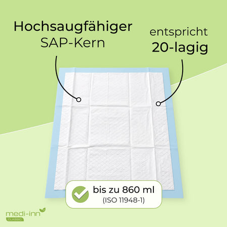 Produkteigenschaften: Hochsaugfähiger SAP-Kern, entspricht 20-lagig, bis zu 860 ml (ISO 11948-1)