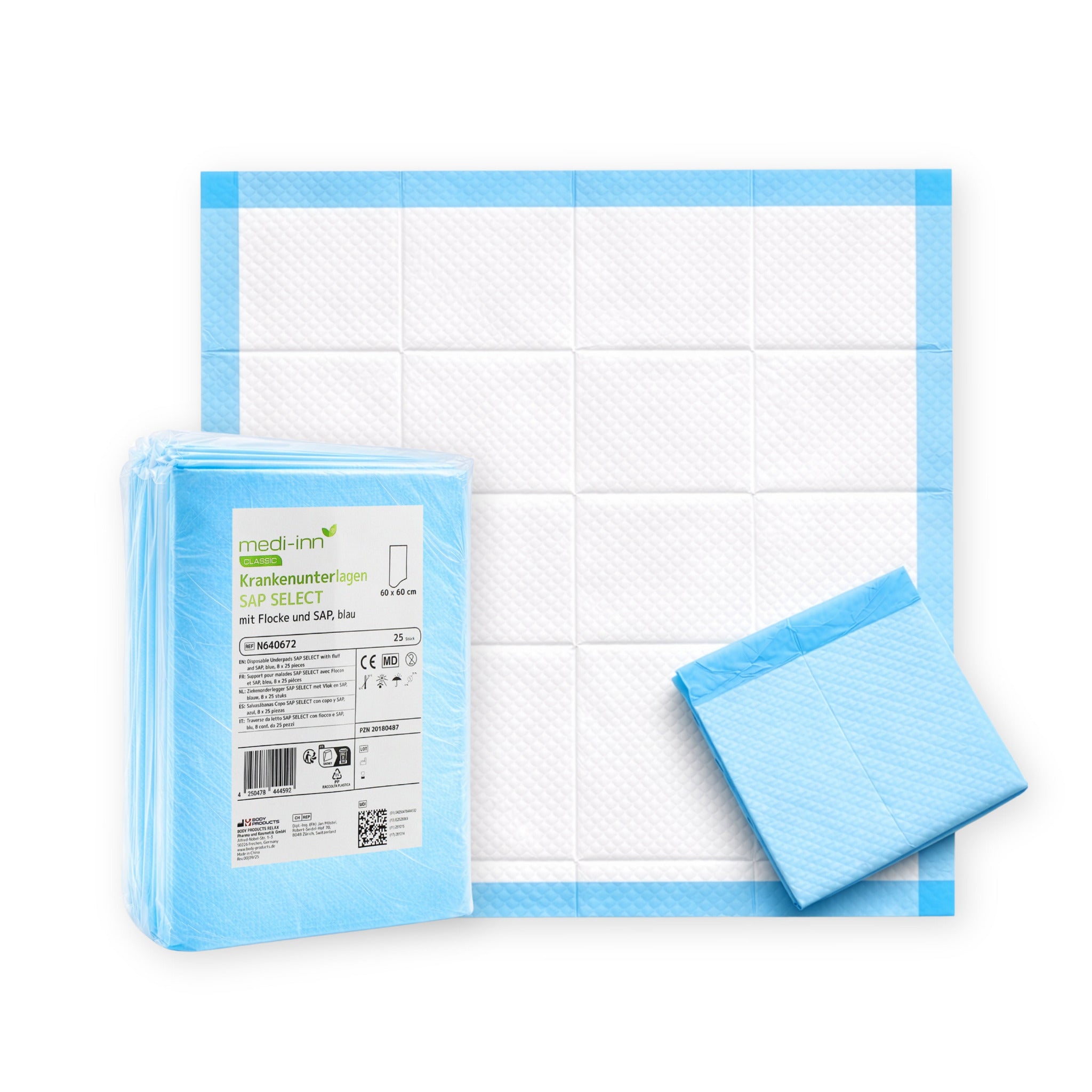 Medi-Inn CLASSIC Krankenunterlagen SAP SELECT 60 x 60 cm (25 Stück) – Packung und Einweg-Unterlage blau/weiß