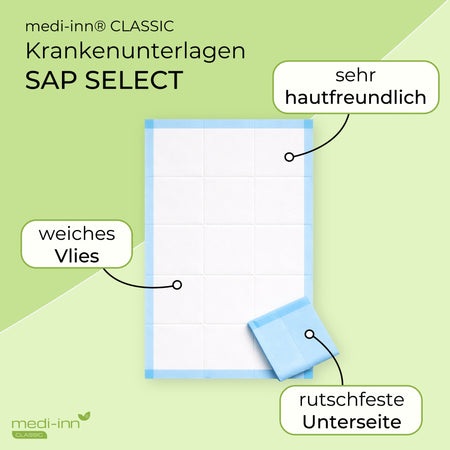 Infografik: SAP SELECT Krankenunterlage (60 x 90 cm) – weiches Vlies, sehr hautfreundlich, rutschfeste Unterseite
