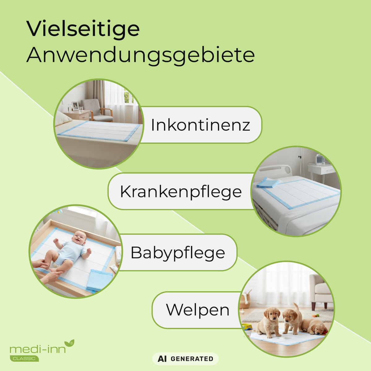 Infografik Anwendungsgebiete: Bettschutz bei Inkontinenz, Krankenpflege, Babypflege sowie als Welpen-Unterlage