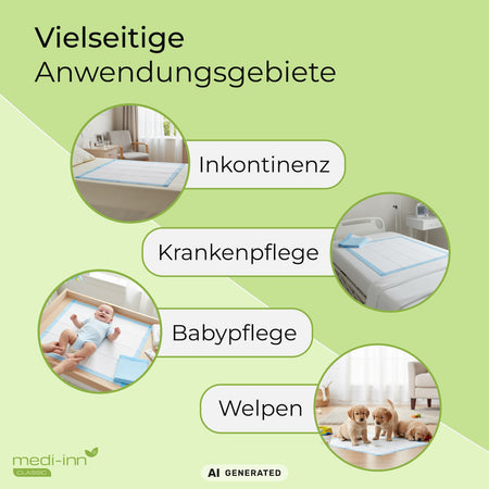 Infografik Anwendungsgebiete: Bettschutz bei Inkontinenz, Krankenpflege, Babypflege sowie als Welpen-Unterlage