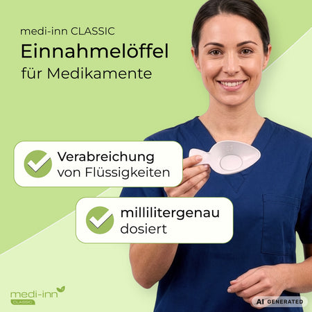 Medizinische Fachkraft hält Medi-Inn Medikamentenlöffel in die Kamera. Daneben die Hinweise: Verabreichung von Flüssigkeiten, mililitergenau dosiert.
