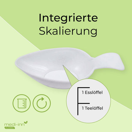 Seitliche Ansicht des Medi-Inn Medikamentenlöffel mit dem Hinweis: Integrierte Skalierung (1 Teelöffel & 1 Esslöffel)
