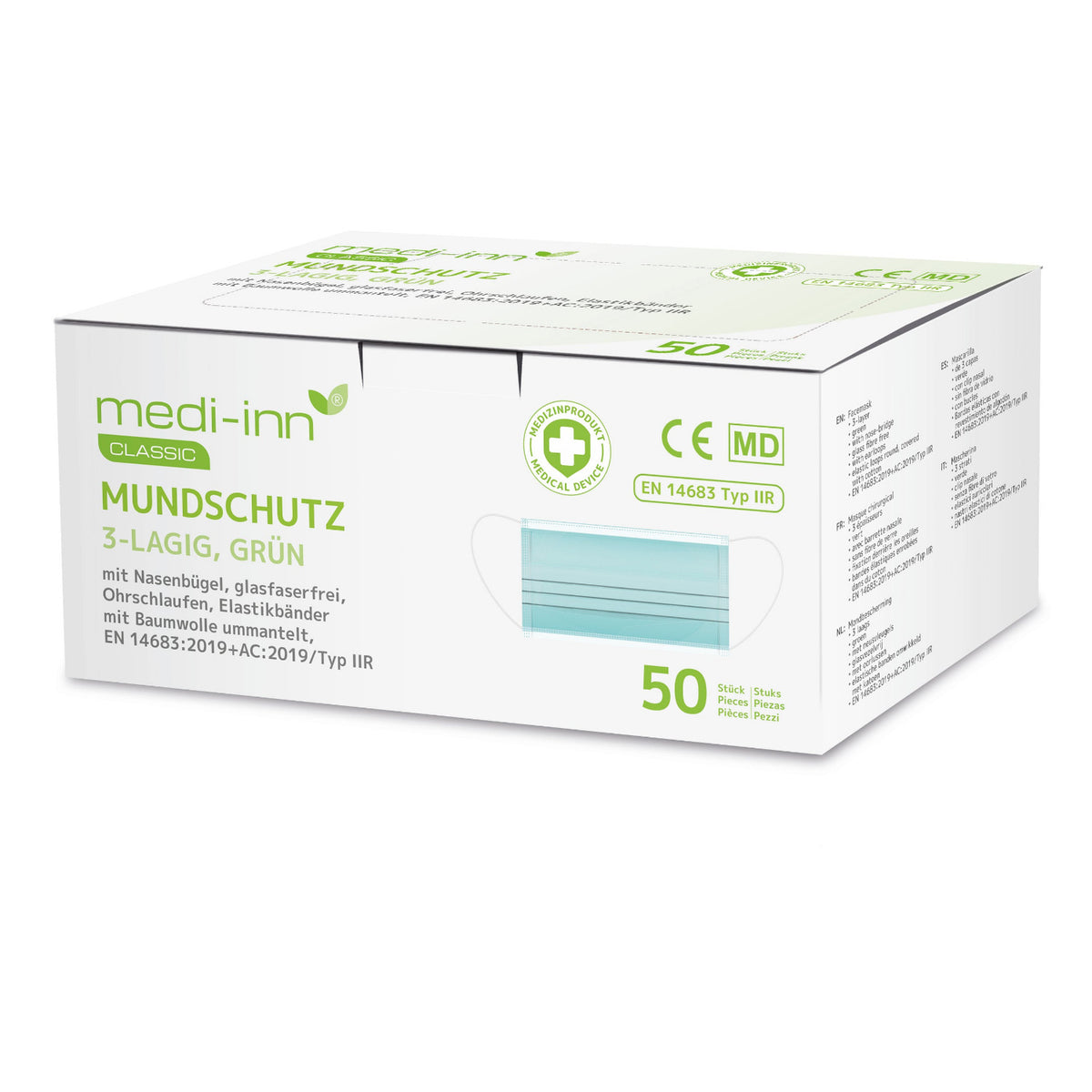 Medi-Inn Classic Mundschutz, 3-lagig, grün, Typ IIR, 50 Stück in der Verpackung.
