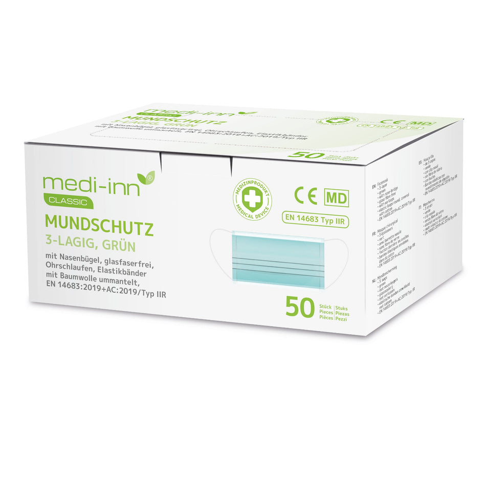 Medi-Inn Classic Mundschutz, 3-lagig, grün, Typ IIR, 50 Stück in der Verpackung.