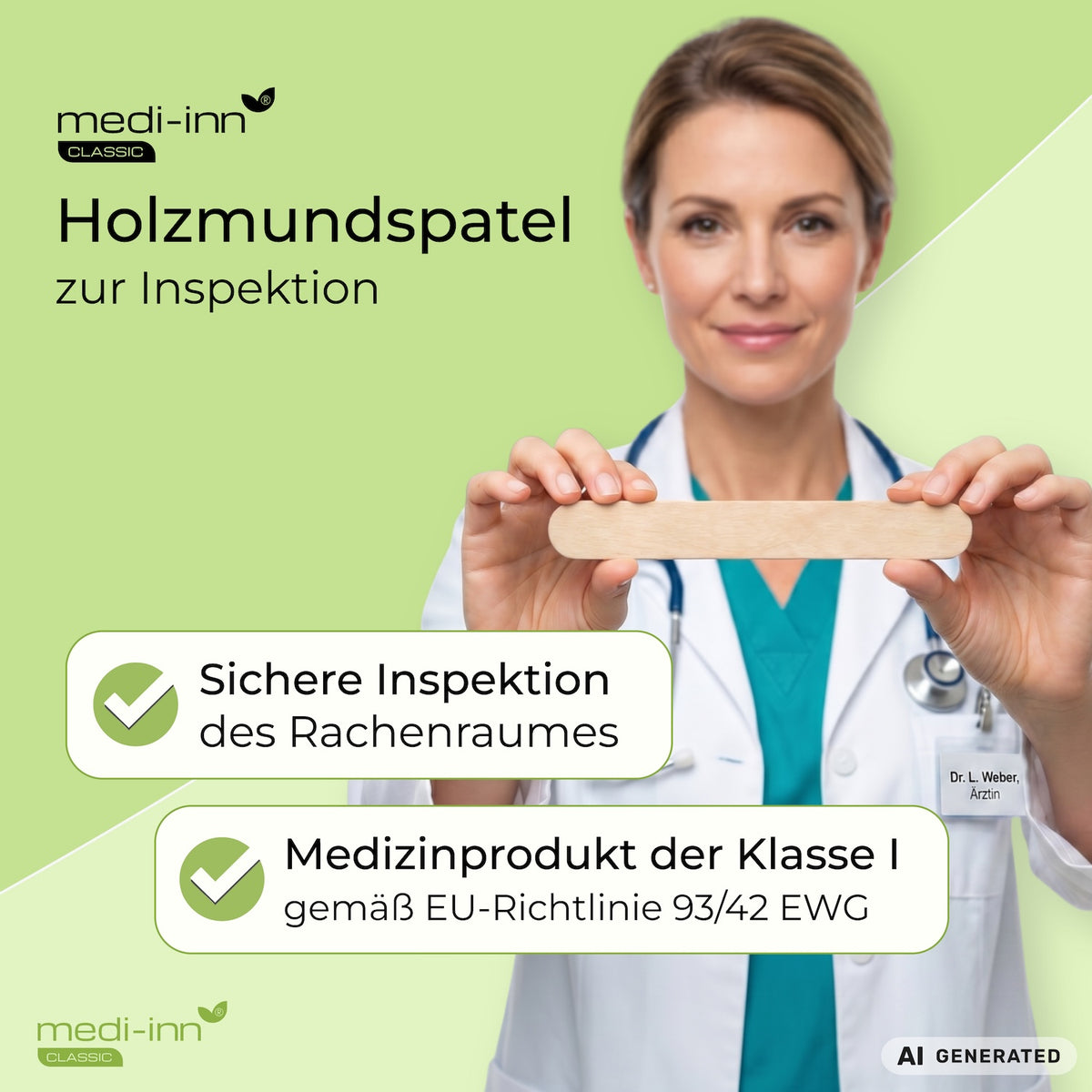 Medizinische Fachkraft hält den Medi-Inn Holzmundspatel in die Kamera. Daneben die Hinweise: Sichere Inspektion des Rachenraumes, Medizinprodukt der Klasse I gemäß EU-Richtlinie 93/42 EWG.