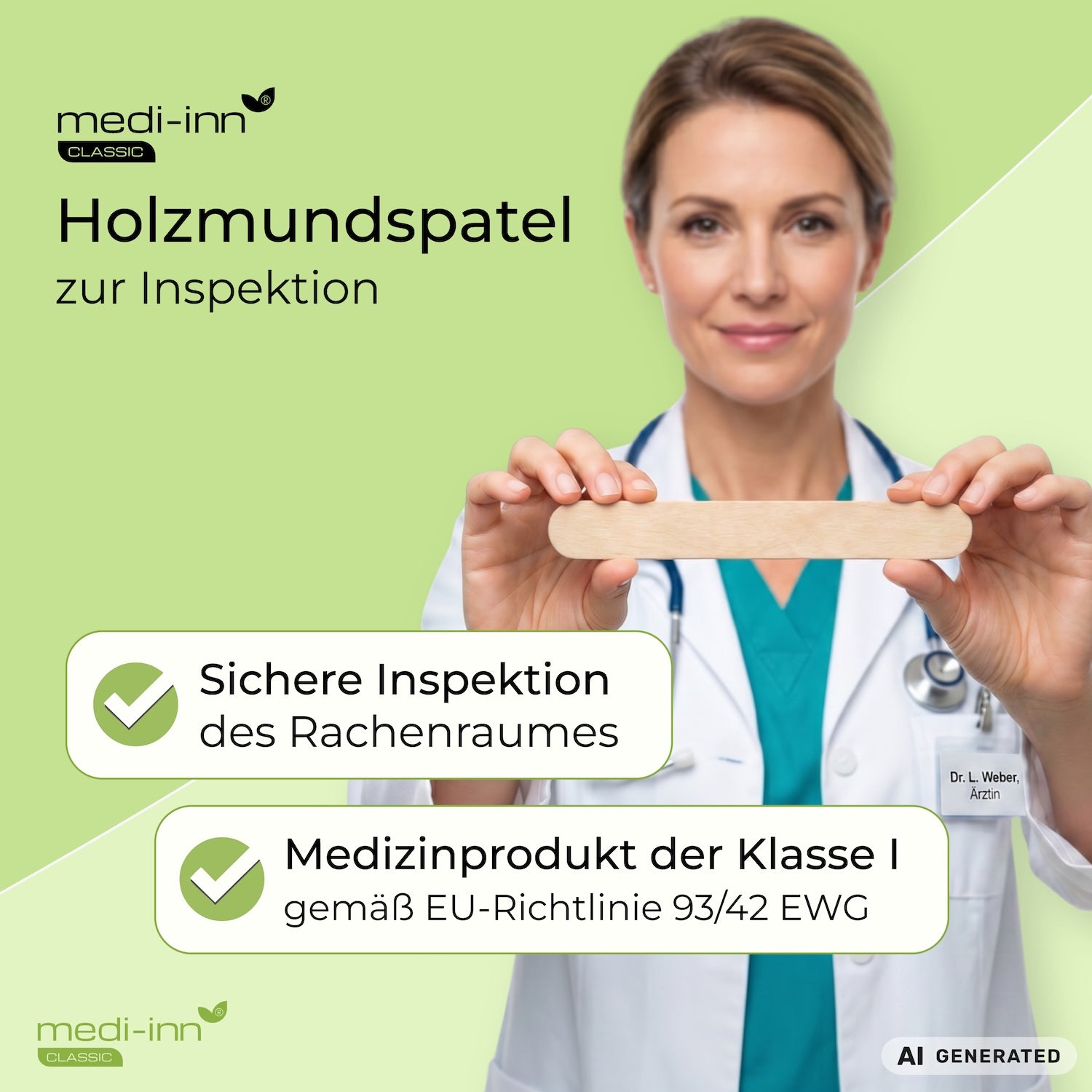 Medizinische Fachkraft hält den Medi-Inn Holzmundspatel in die Kamera. Daneben die Hinweise: Sichere Inspektion des Rachenraumes, Medizinprodukt der Klasse I gemäß EU-Richtlinie 93/42 EWG.